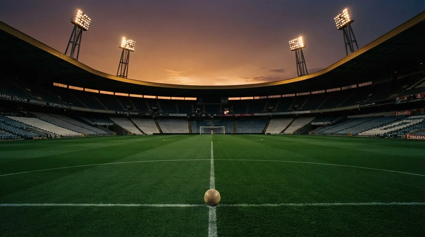 Un estadio de fútbol vacío con torres de iluminación al atardecer