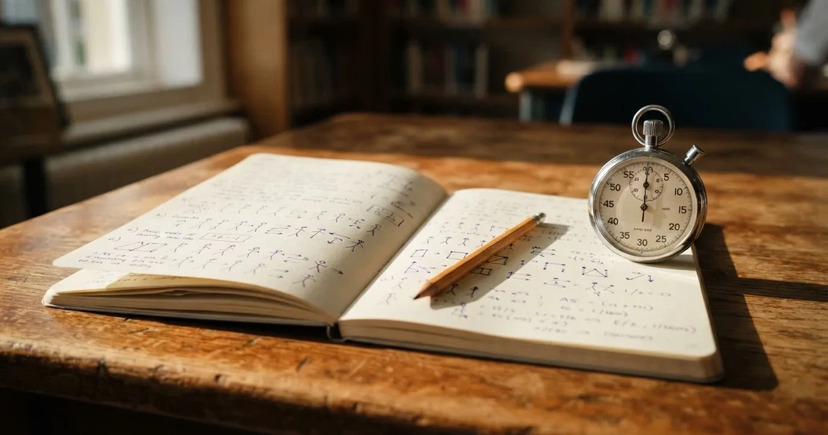 Un cuaderno abierto con un lápiz y un cronómetro sobre una mesa de madera