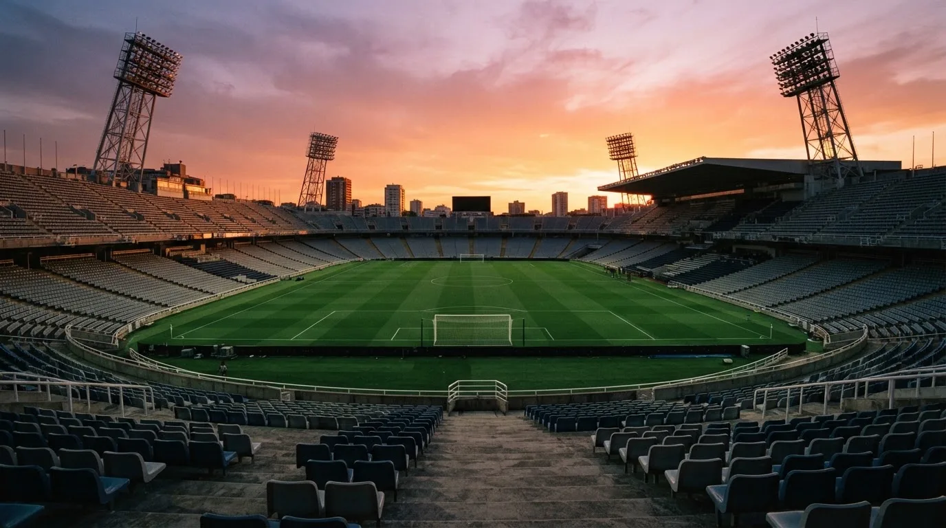 Un estadio de fútbol vacío con torres de iluminación al atardecer