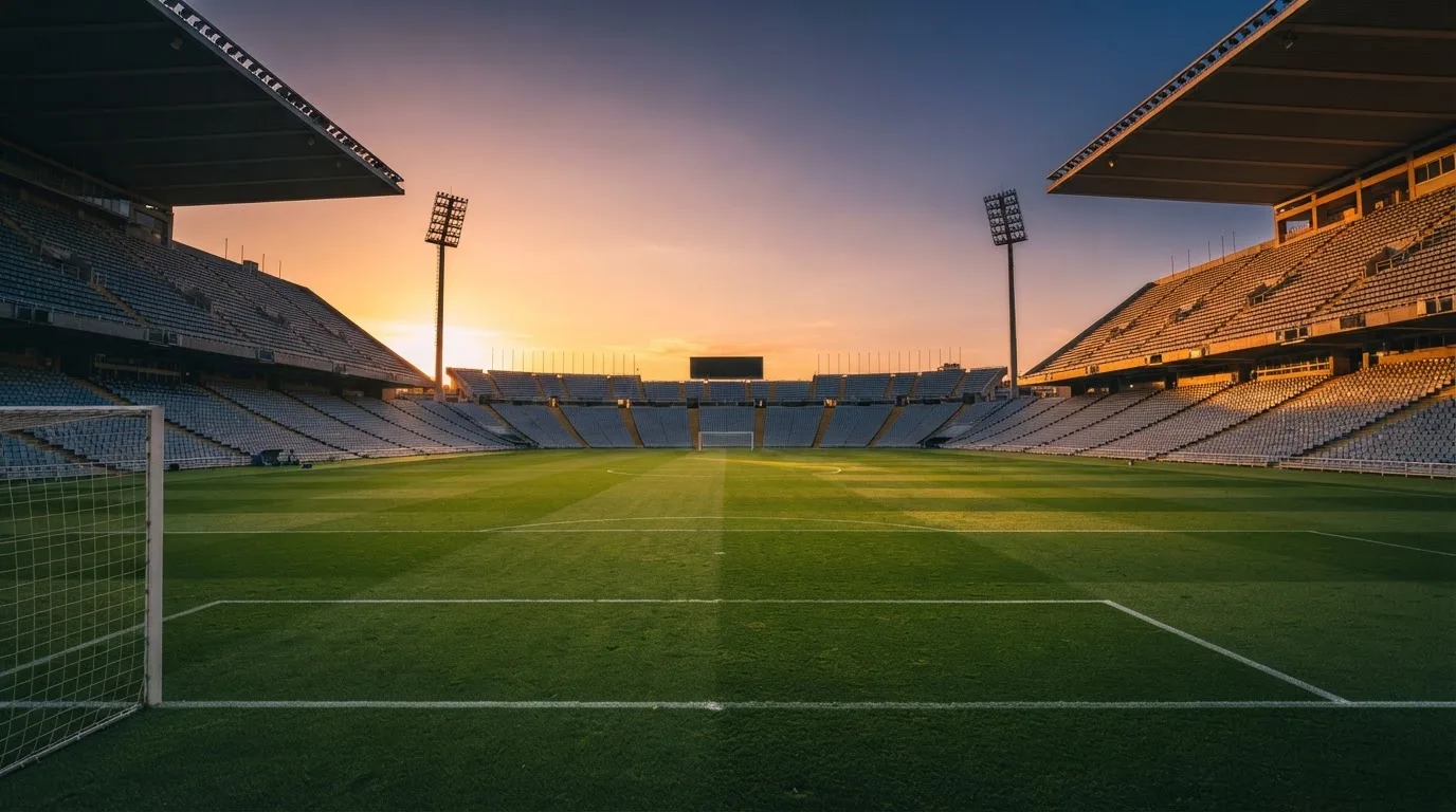 Un estadio de fútbol vacío con torres de iluminación al atardecer