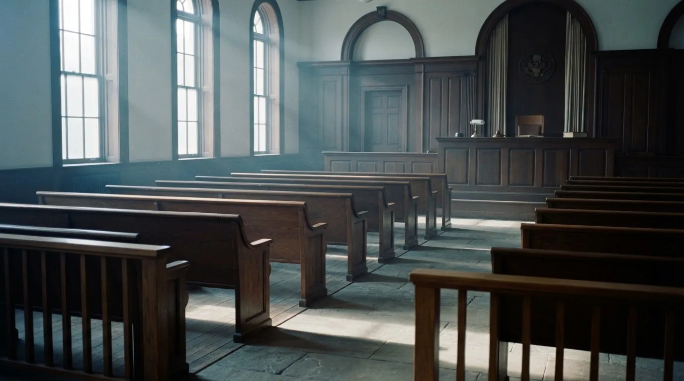 Una sala de tribunal vacía con bancos de madera a la luz de la mañana