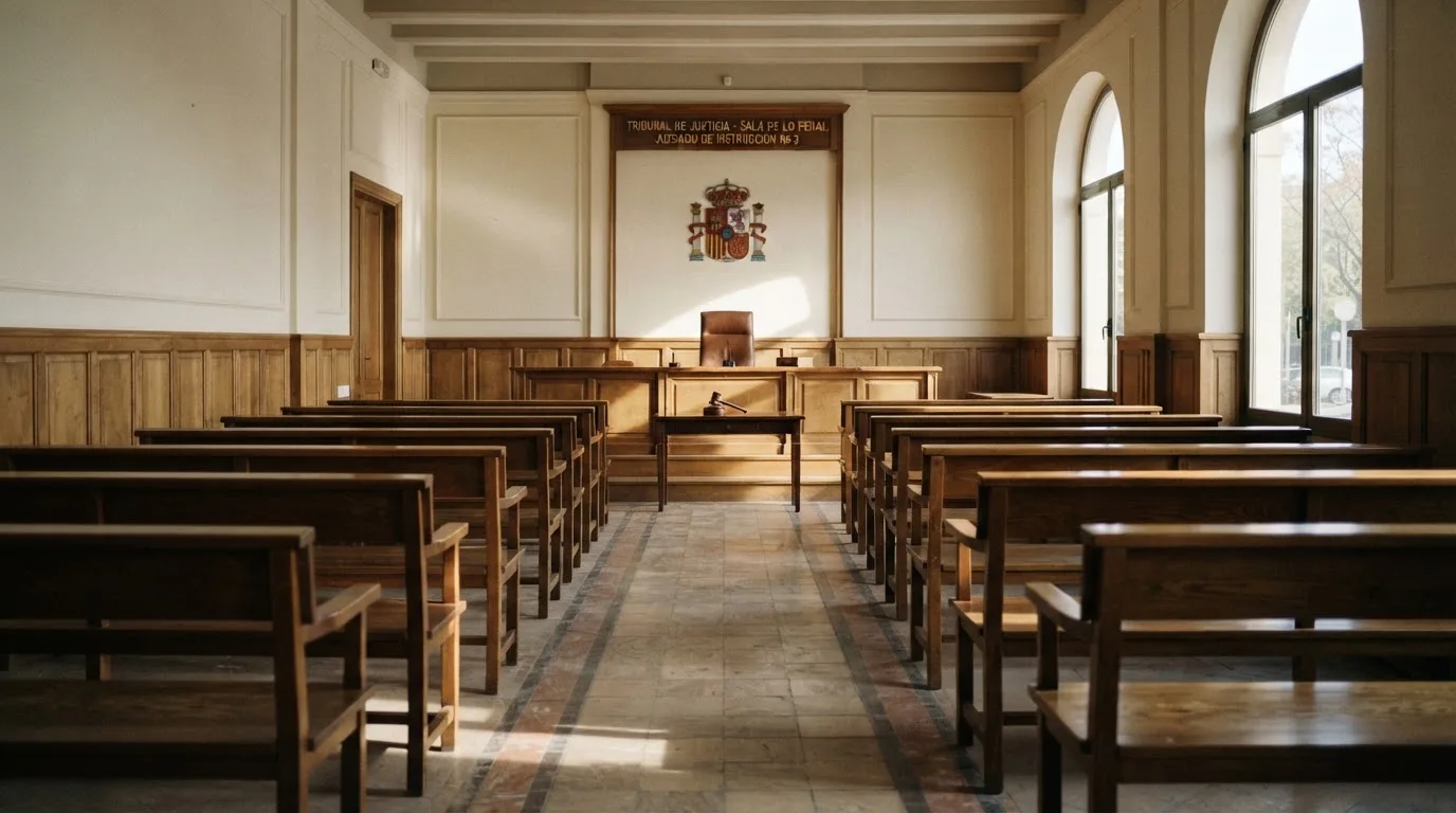 Una sala de tribunal vacía con bancos de madera a la luz de la mañana