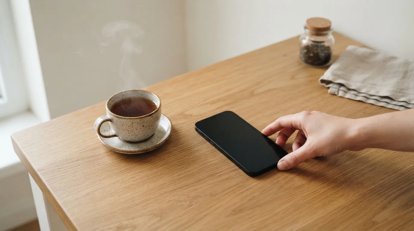 Una mano deja un móvil junto a una taza de té sobre la mesa de la cocina, una tarde tranquila