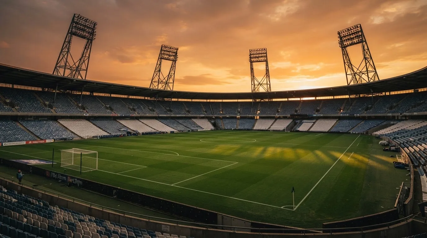 Un estadio de fútbol vacío con torres de iluminación al atardecer