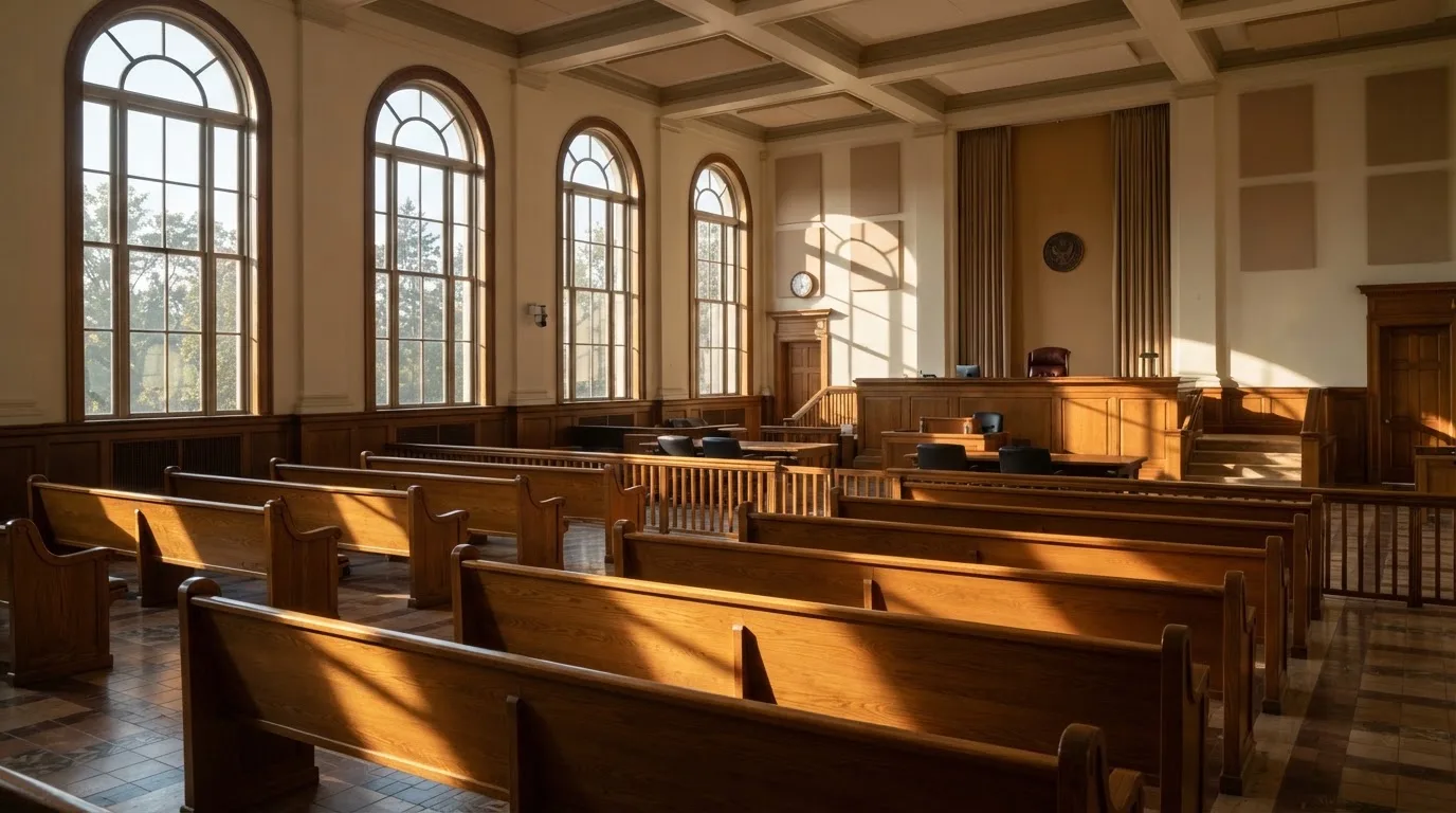 Una sala de tribunal vacía con bancos de madera a la luz de la mañana