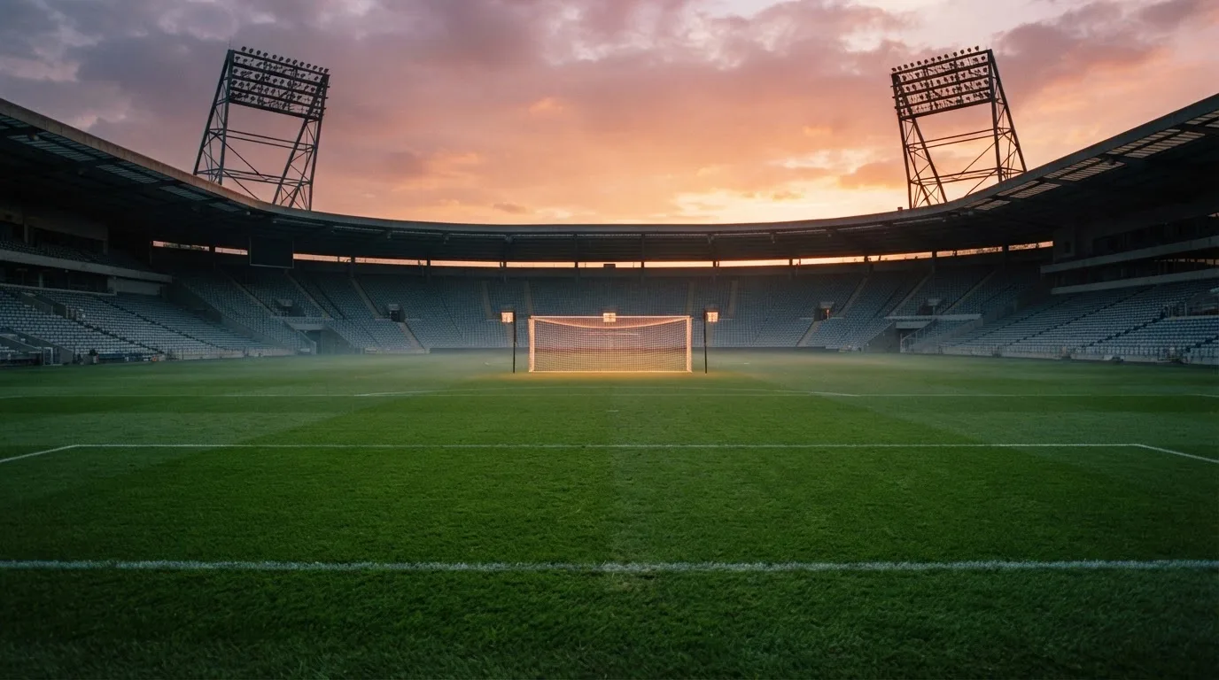 Un estadio de fútbol vacío con torres de iluminación al atardecer