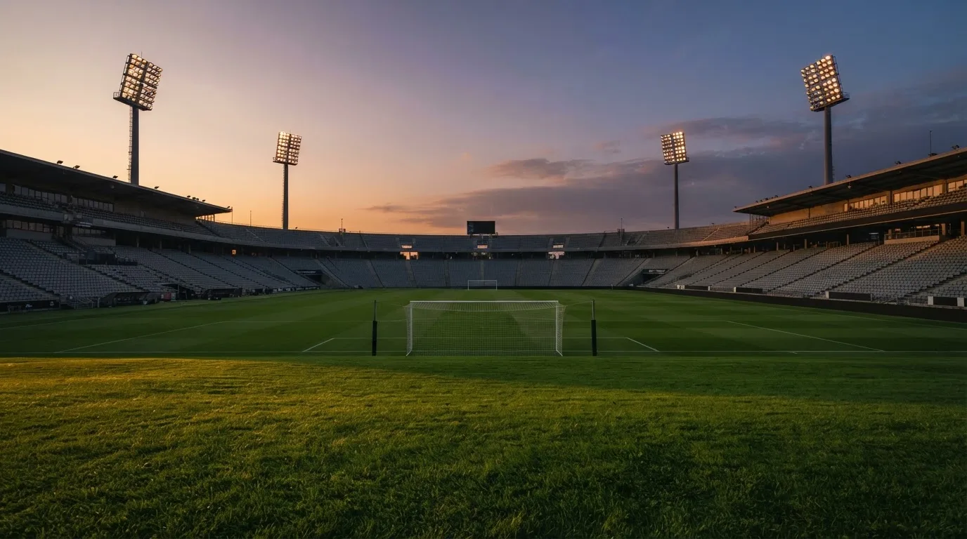 Un estadio de fútbol vacío con torres de iluminación al atardecer