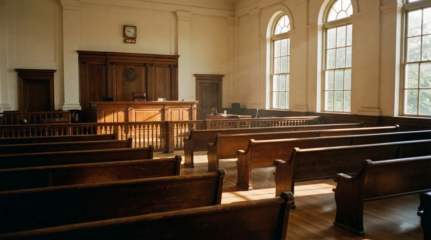 Una sala de tribunal vacía con bancos de madera a la luz de la mañana