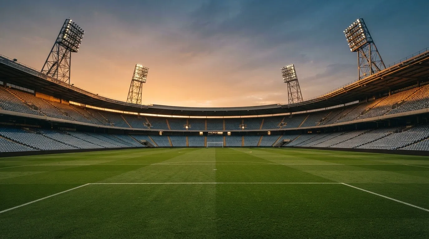 Un estadio de fútbol vacío con torres de iluminación al atardecer