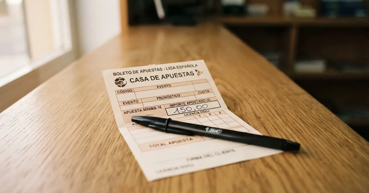 Un boleto de papel en blanco junto a un bolígrafo sobre un mostrador de madera