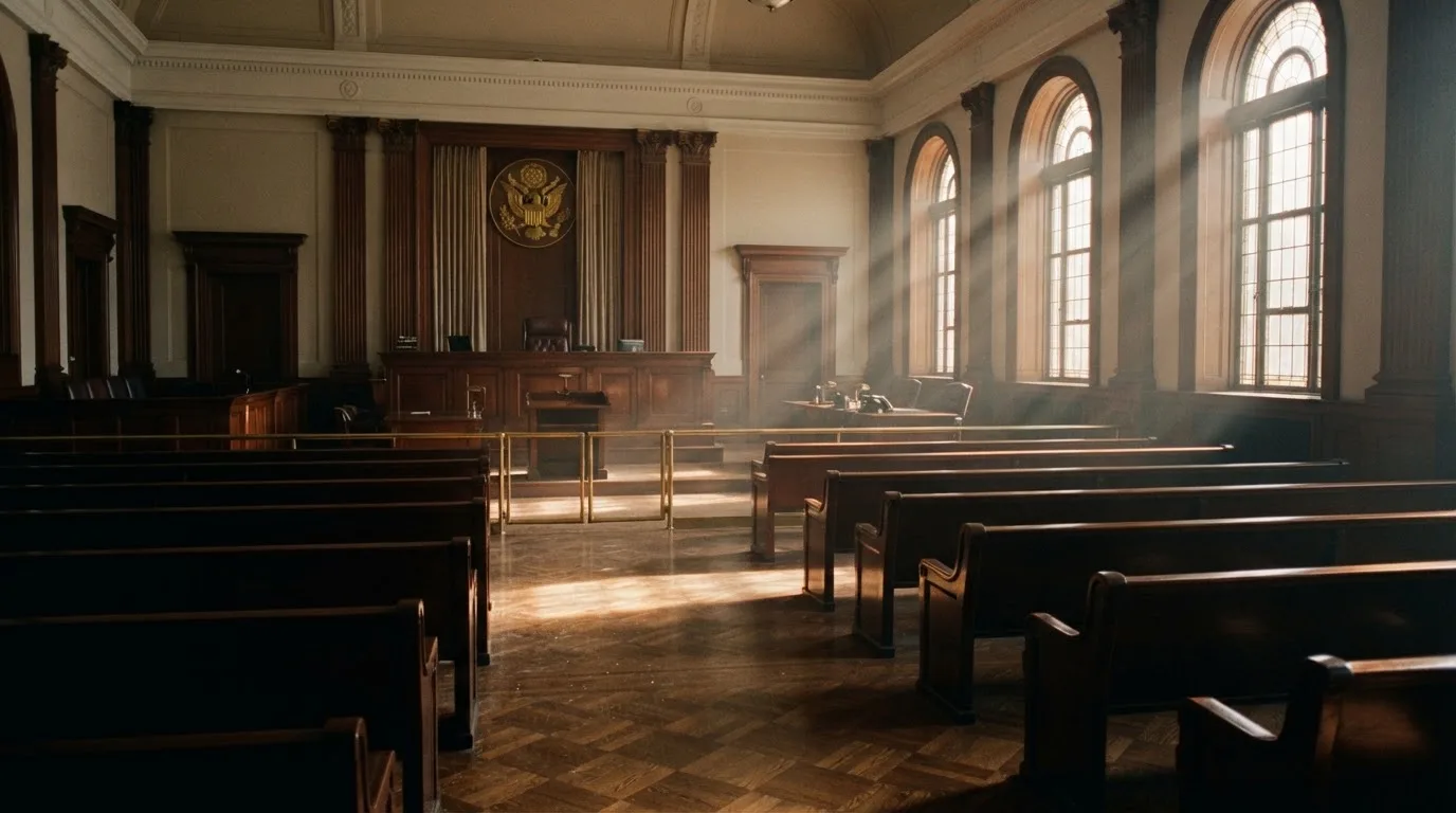 Una sala de tribunal vacía con bancos de madera a la luz de la mañana