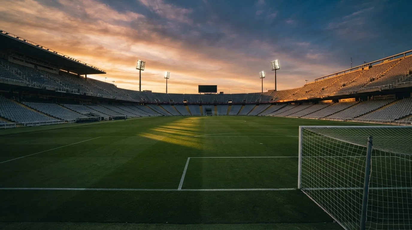Un estadio de fútbol vacío con torres de iluminación al atardecer