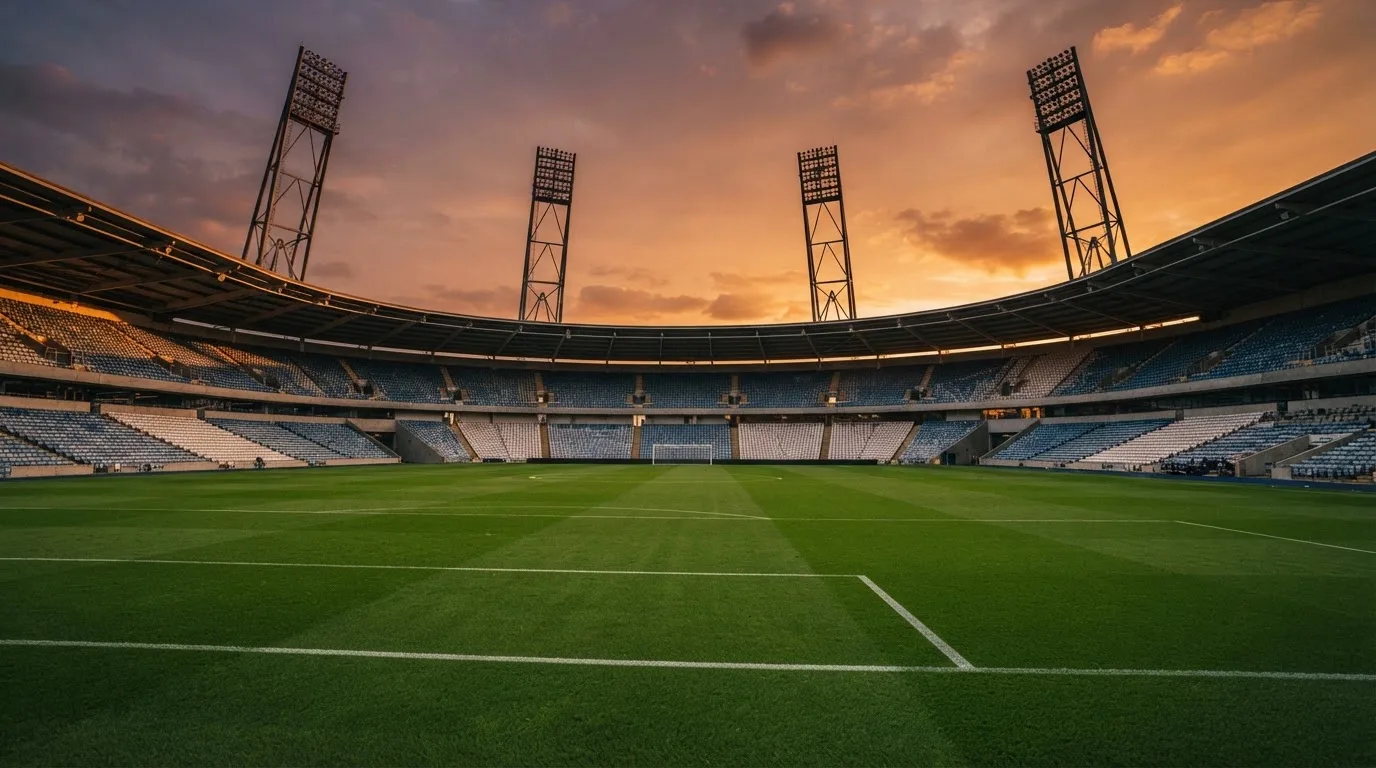 Un estadio de fútbol vacío con torres de iluminación al atardecer