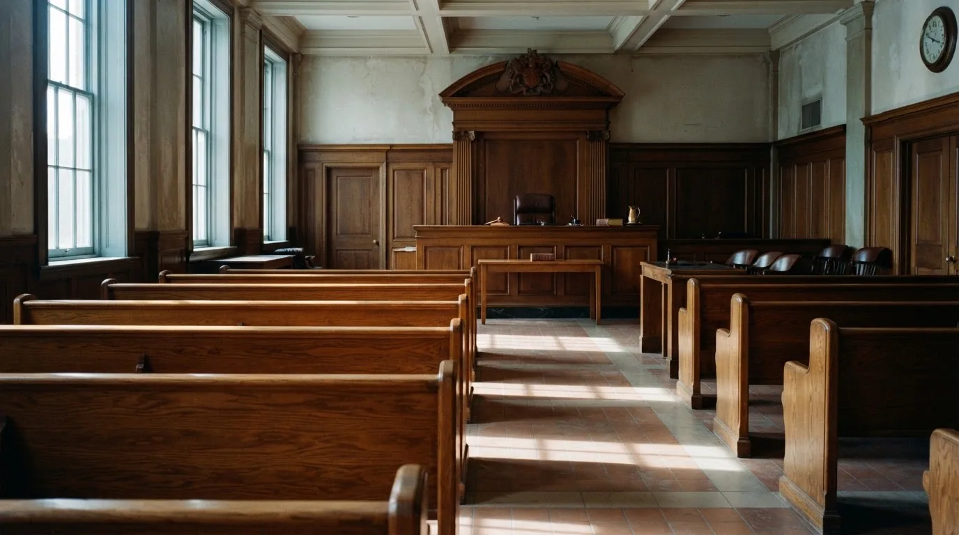 Una sala de tribunal vacía con bancos de madera a la luz de la mañana