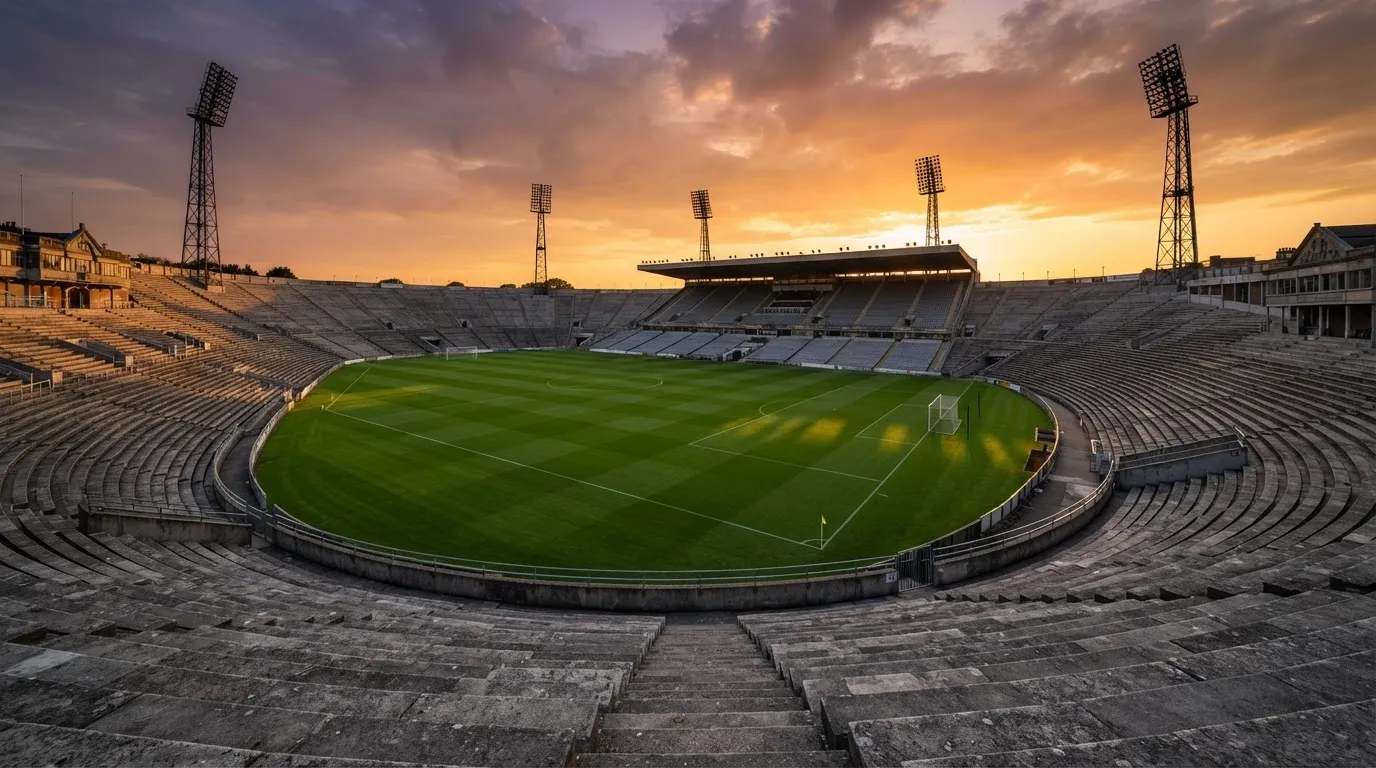 Un estadio de fútbol vacío con torres de iluminación al atardecer