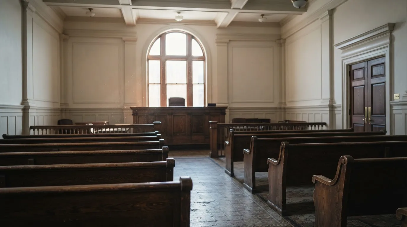 Una sala de tribunal vacía con bancos de madera a la luz de la mañana