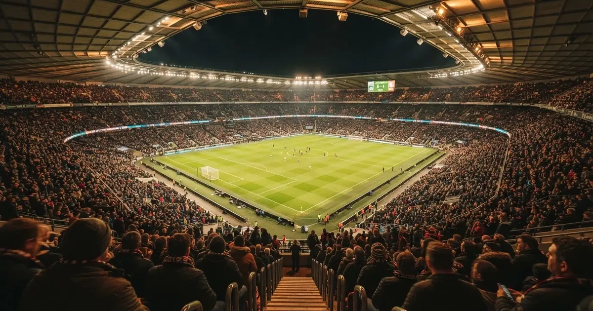 Un pabellón deportivo lleno bajo los focos, fotografiado desde muy lejos