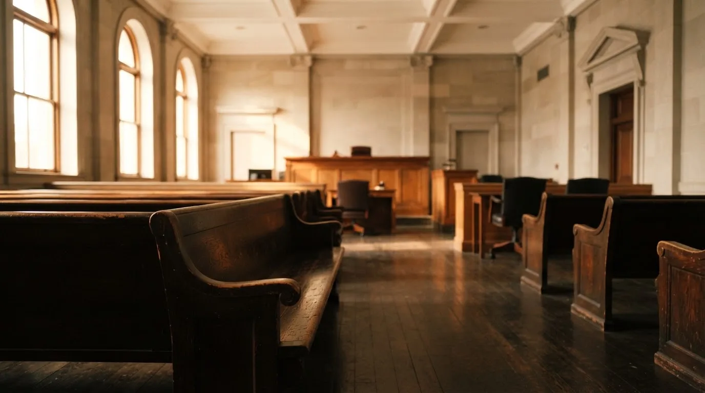 Una sala de tribunal vacía con bancos de madera a la luz de la mañana