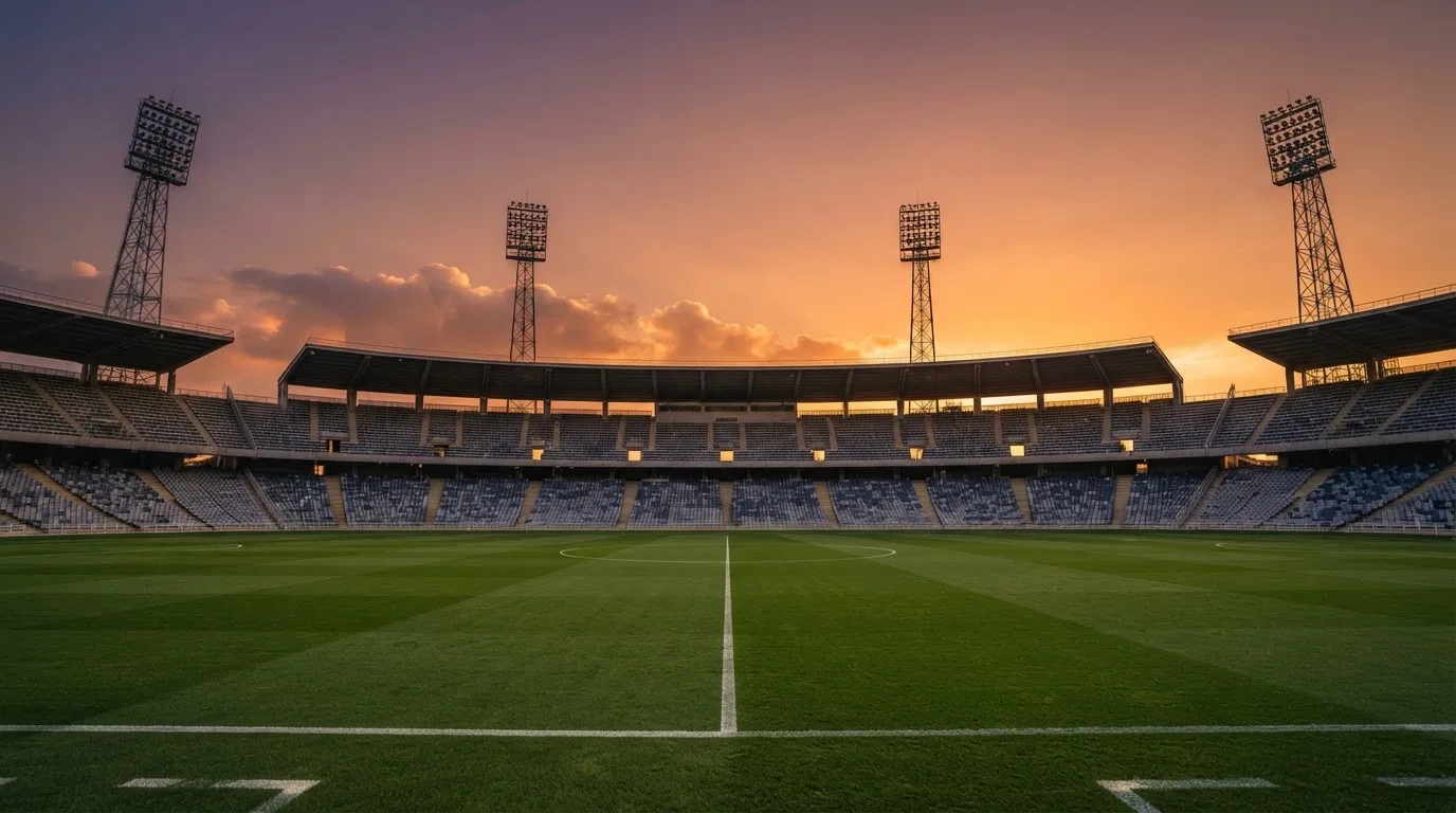 Un estadio de fútbol vacío con torres de iluminación al atardecer