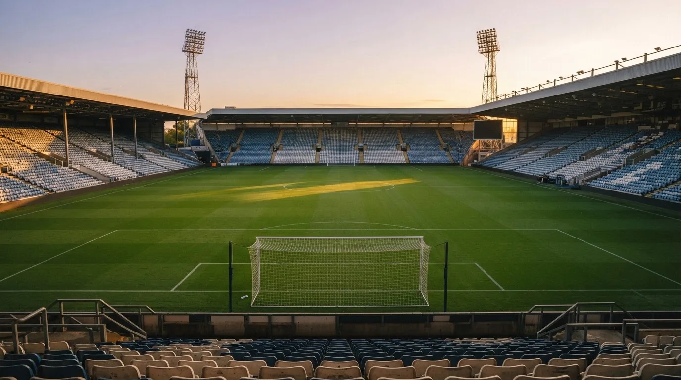 Un estadio de fútbol vacío con torres de iluminación al atardecer