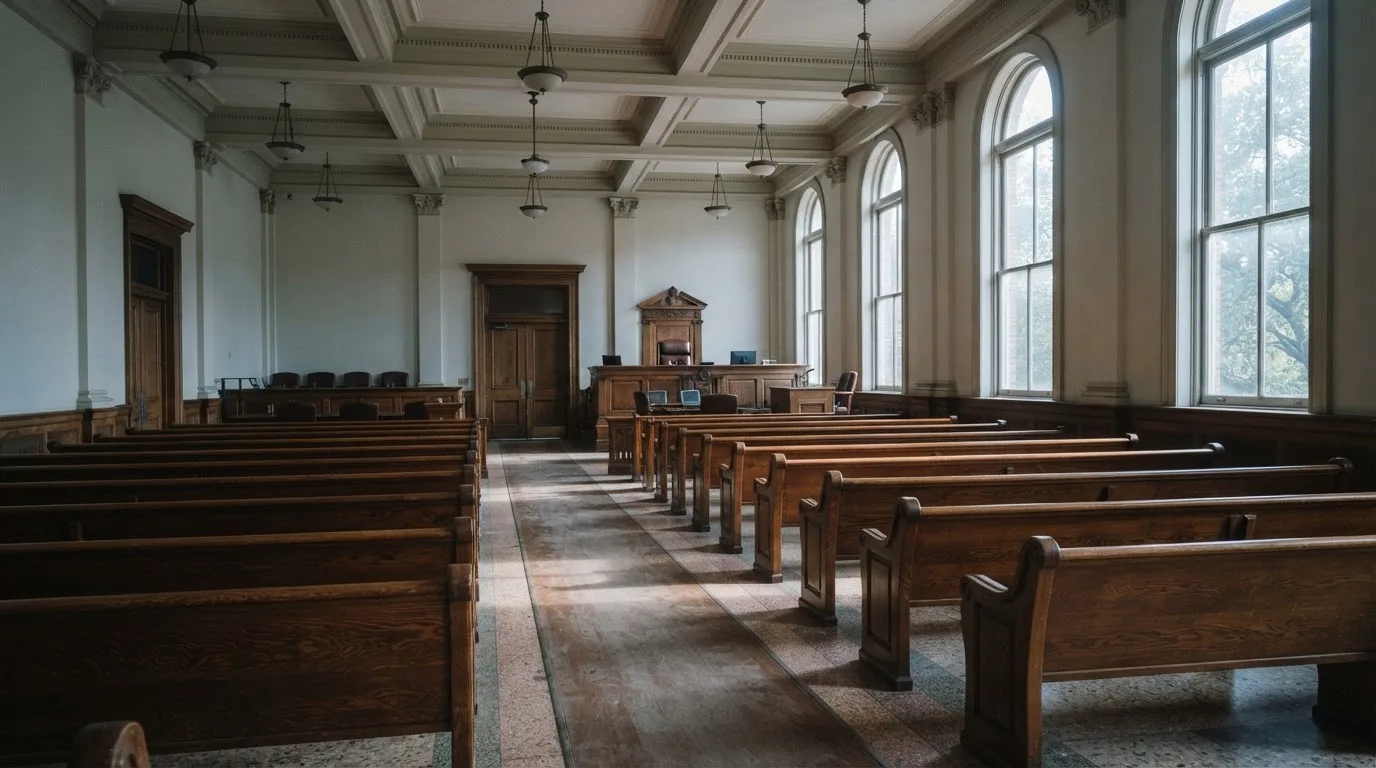 Una sala de tribunal vacía con bancos de madera a la luz de la mañana