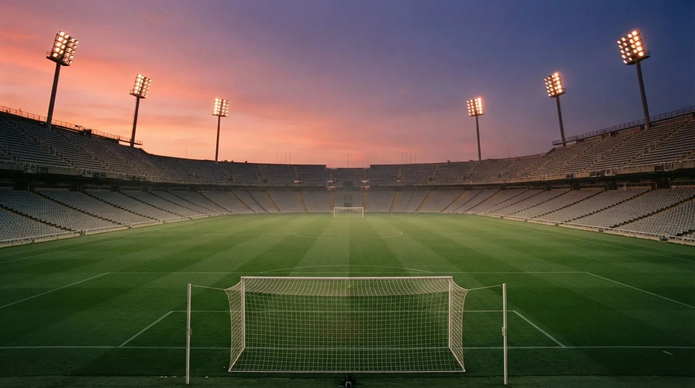 Un estadio de fútbol vacío con torres de iluminación al atardecer