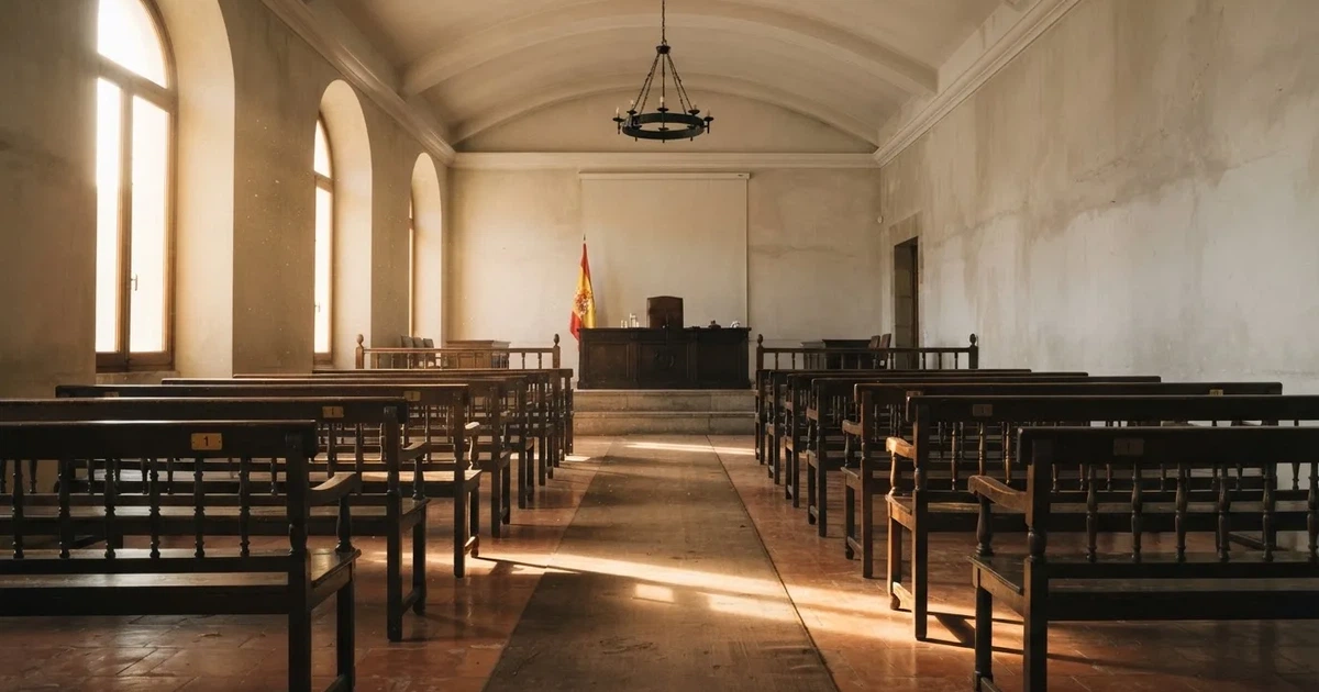 Una sala de tribunal vacía con bancos de madera a la luz de la mañana