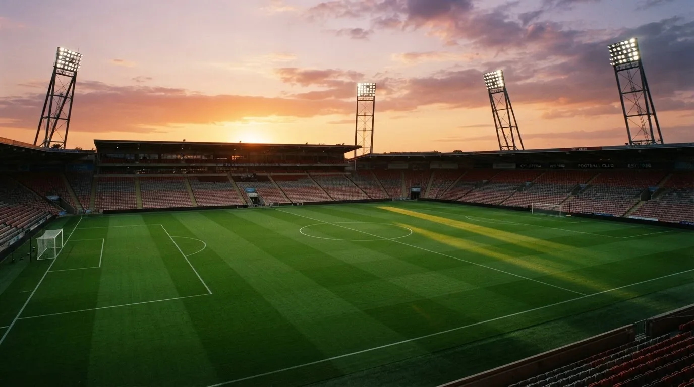 Un estadio de fútbol vacío con torres de iluminación al atardecer