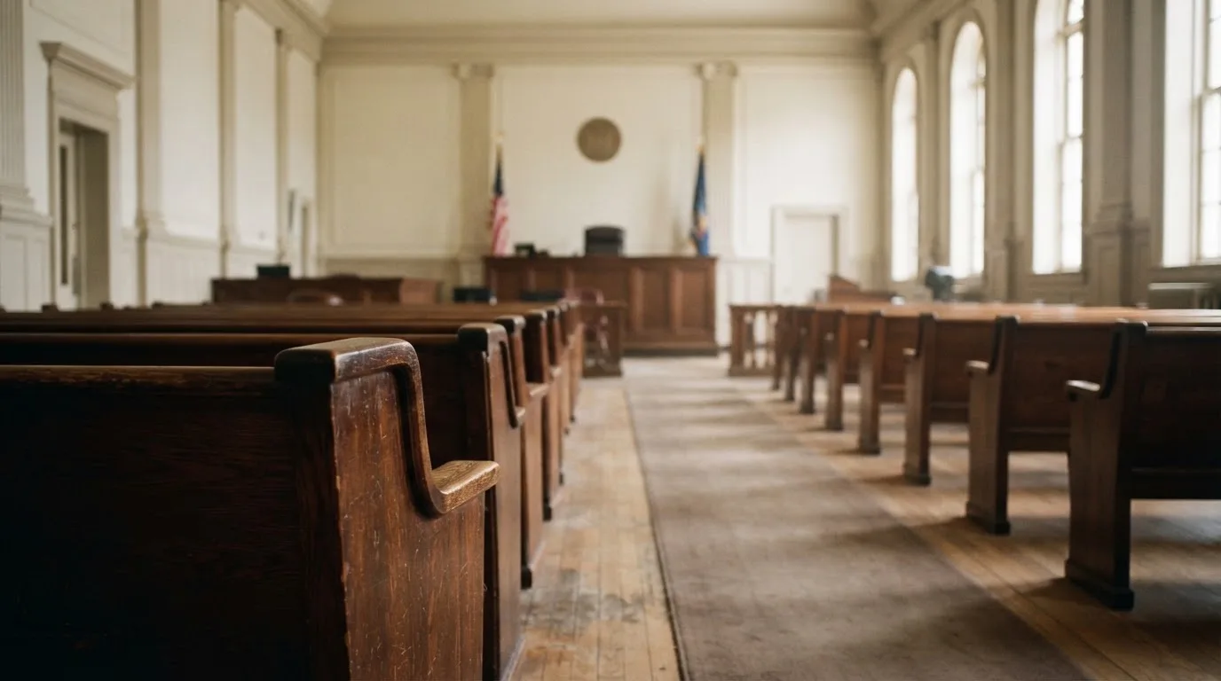 Una sala de tribunal vacía con bancos de madera a la luz de la mañana