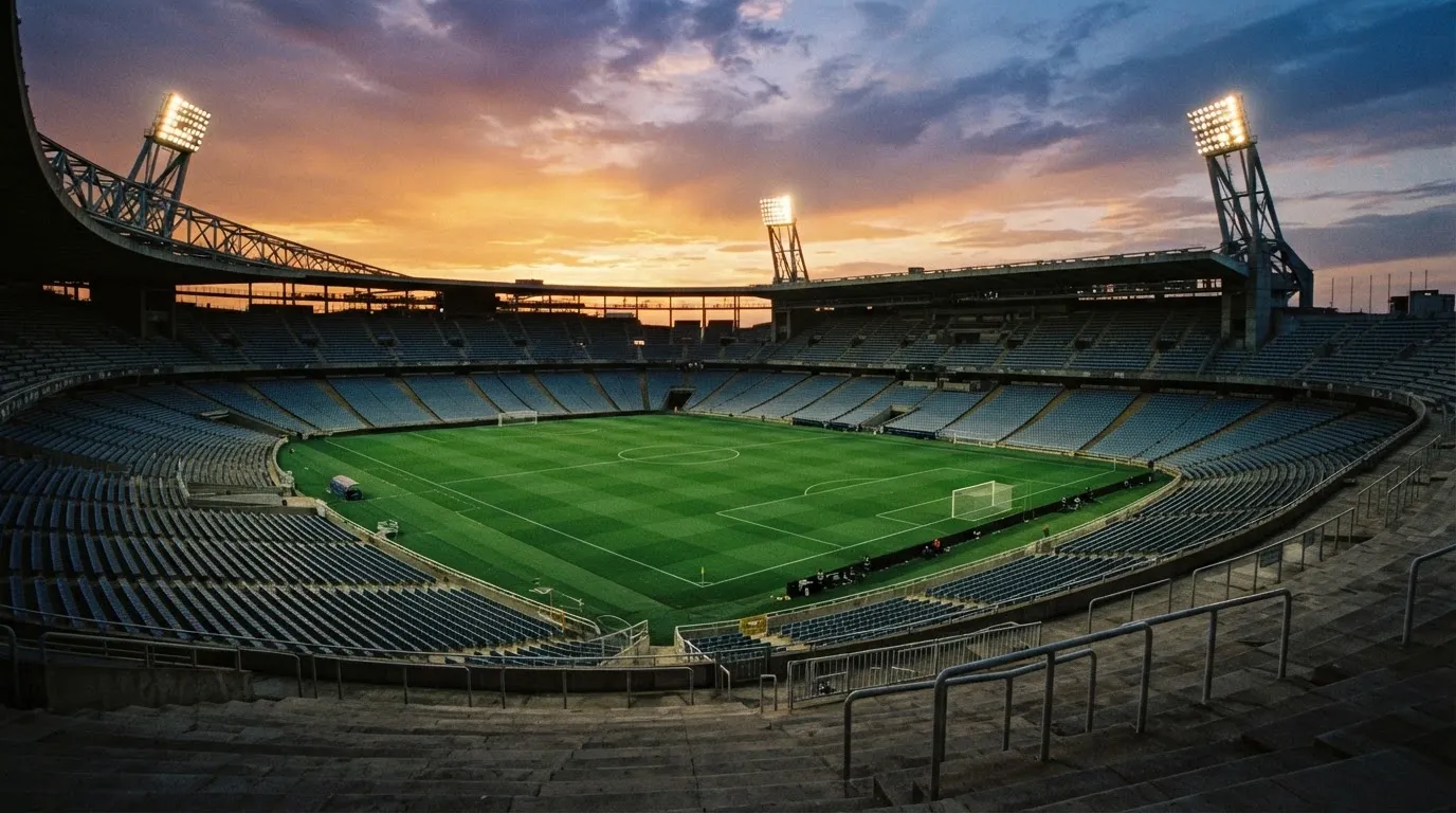 Un estadio de fútbol vacío con torres de iluminación al atardecer