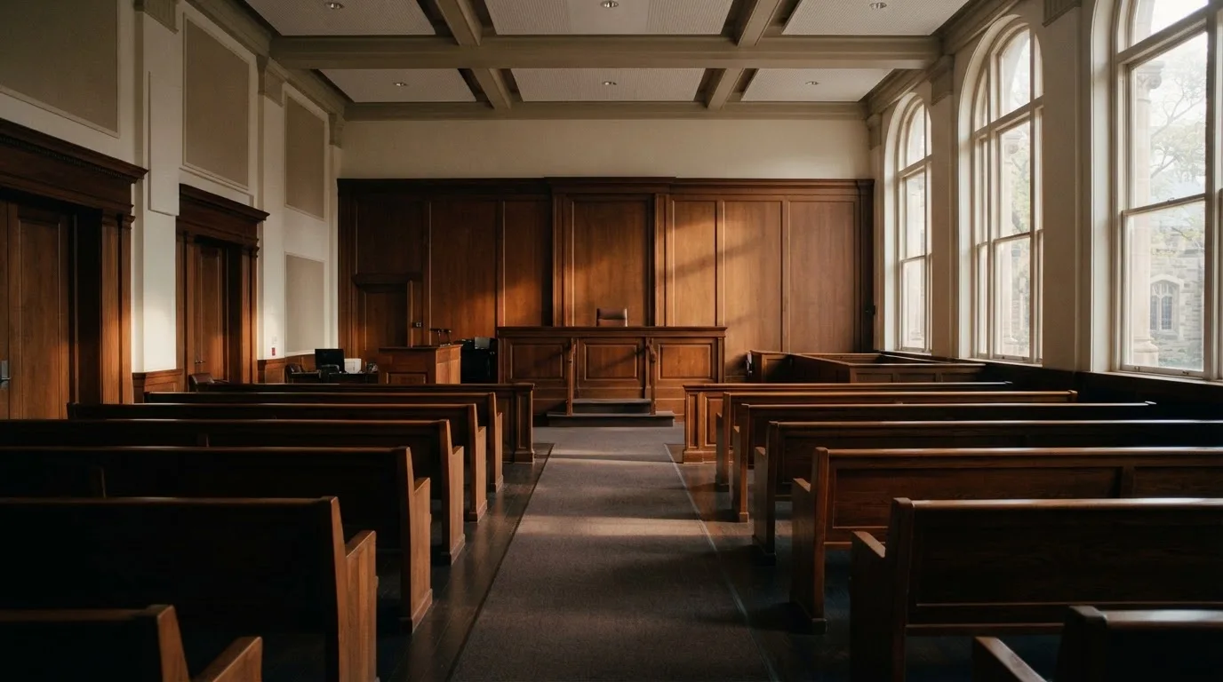 Una sala de tribunal vacía con bancos de madera a la luz de la mañana