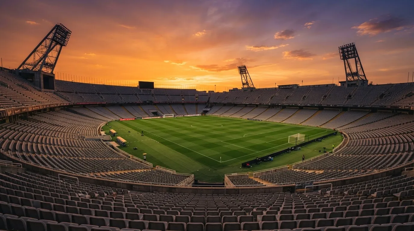 Un estadio de fútbol vacío con torres de iluminación al atardecer