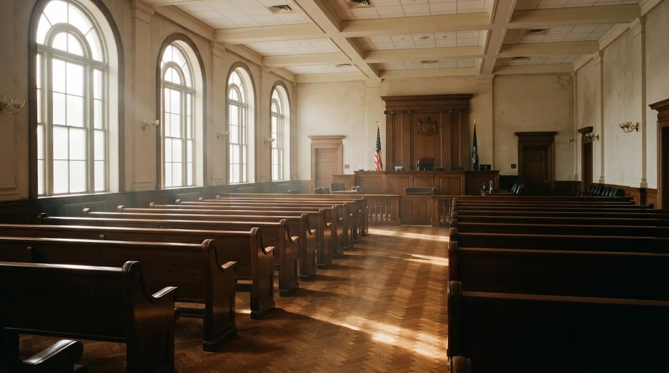 Una sala de tribunal vacía con bancos de madera a la luz de la mañana
