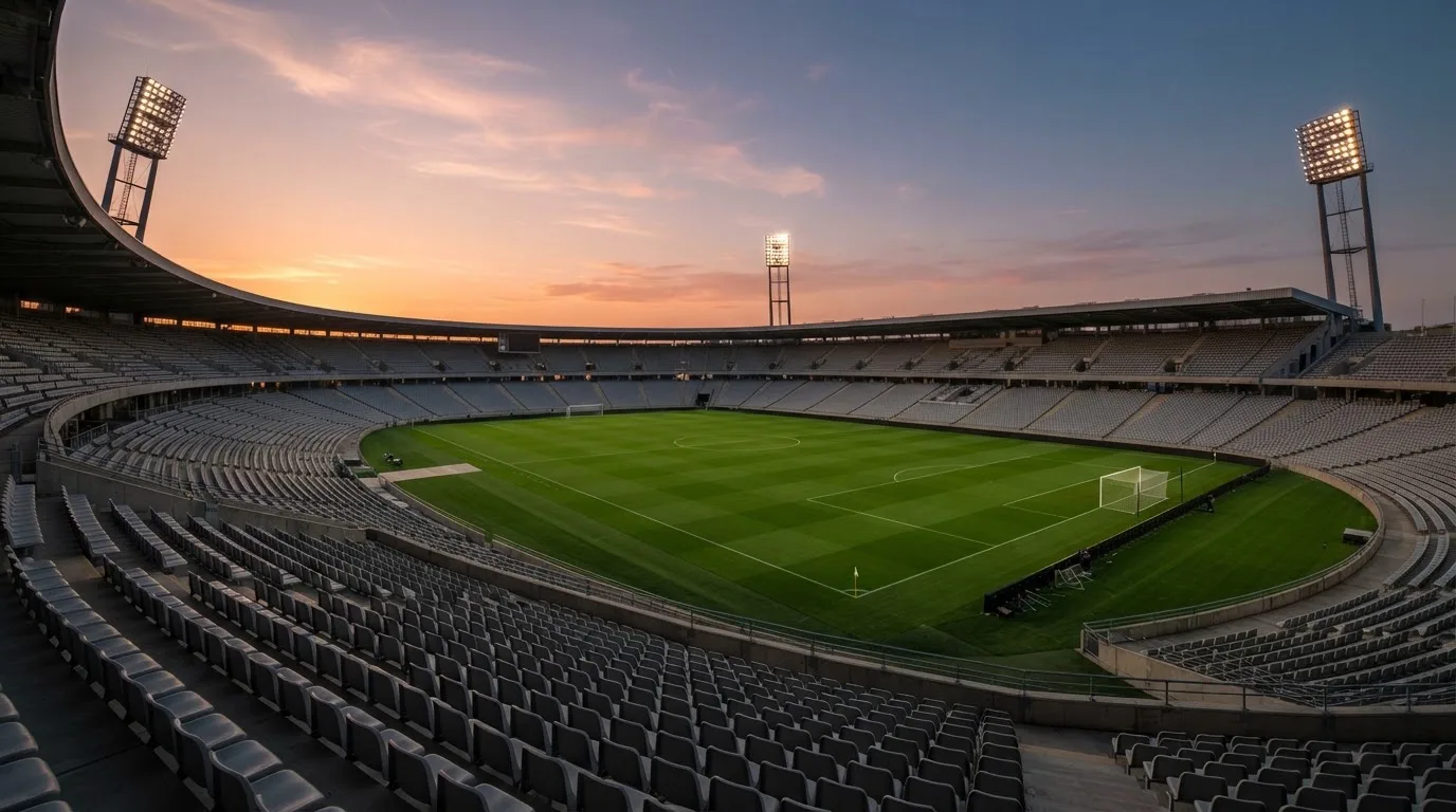 Un estadio de fútbol vacío con torres de iluminación al atardecer