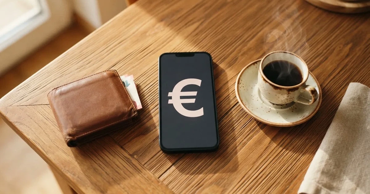 Un móvil sobre una mesa de madera junto a una cartera y una taza de café