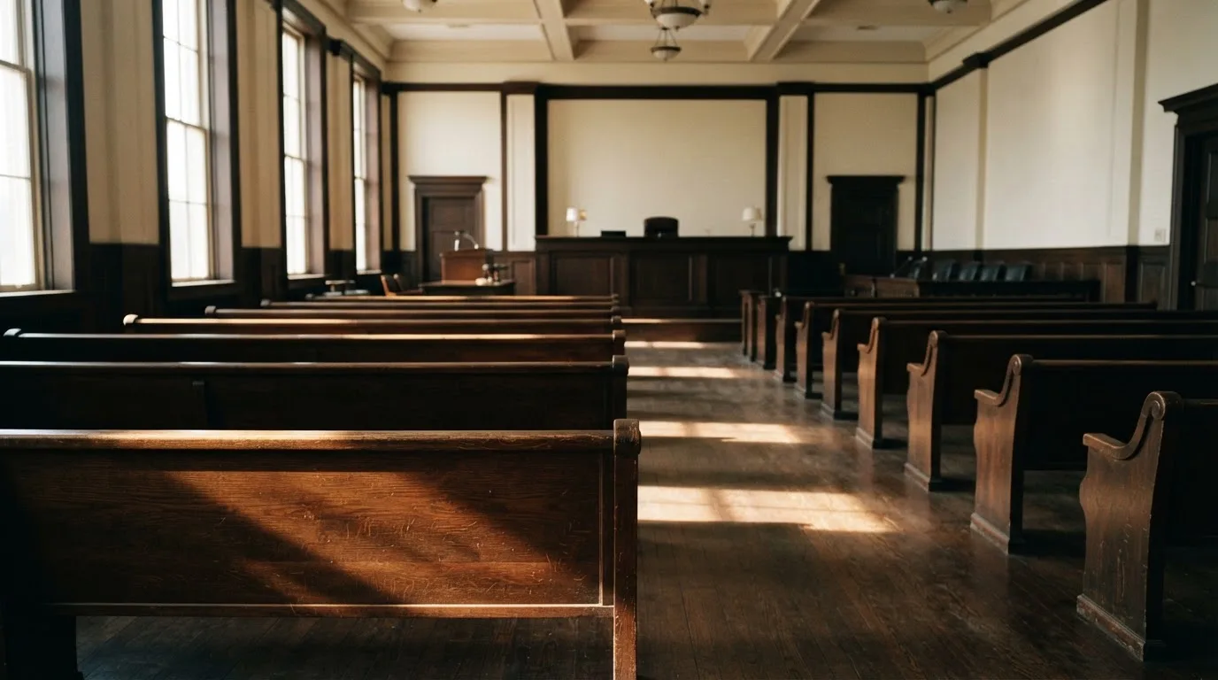 Una sala de tribunal vacía con bancos de madera a la luz de la mañana