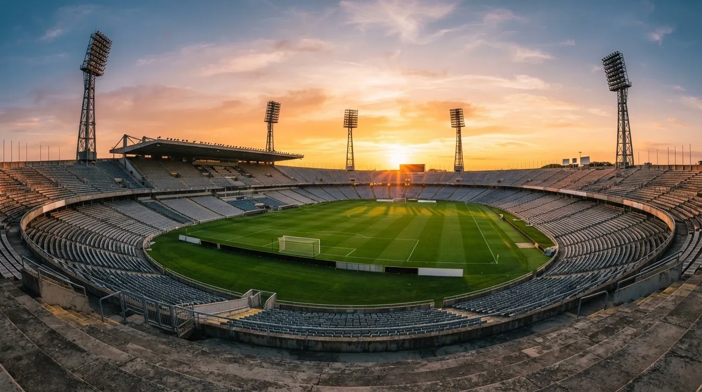 Un estadio de fútbol vacío con torres de iluminación al atardecer