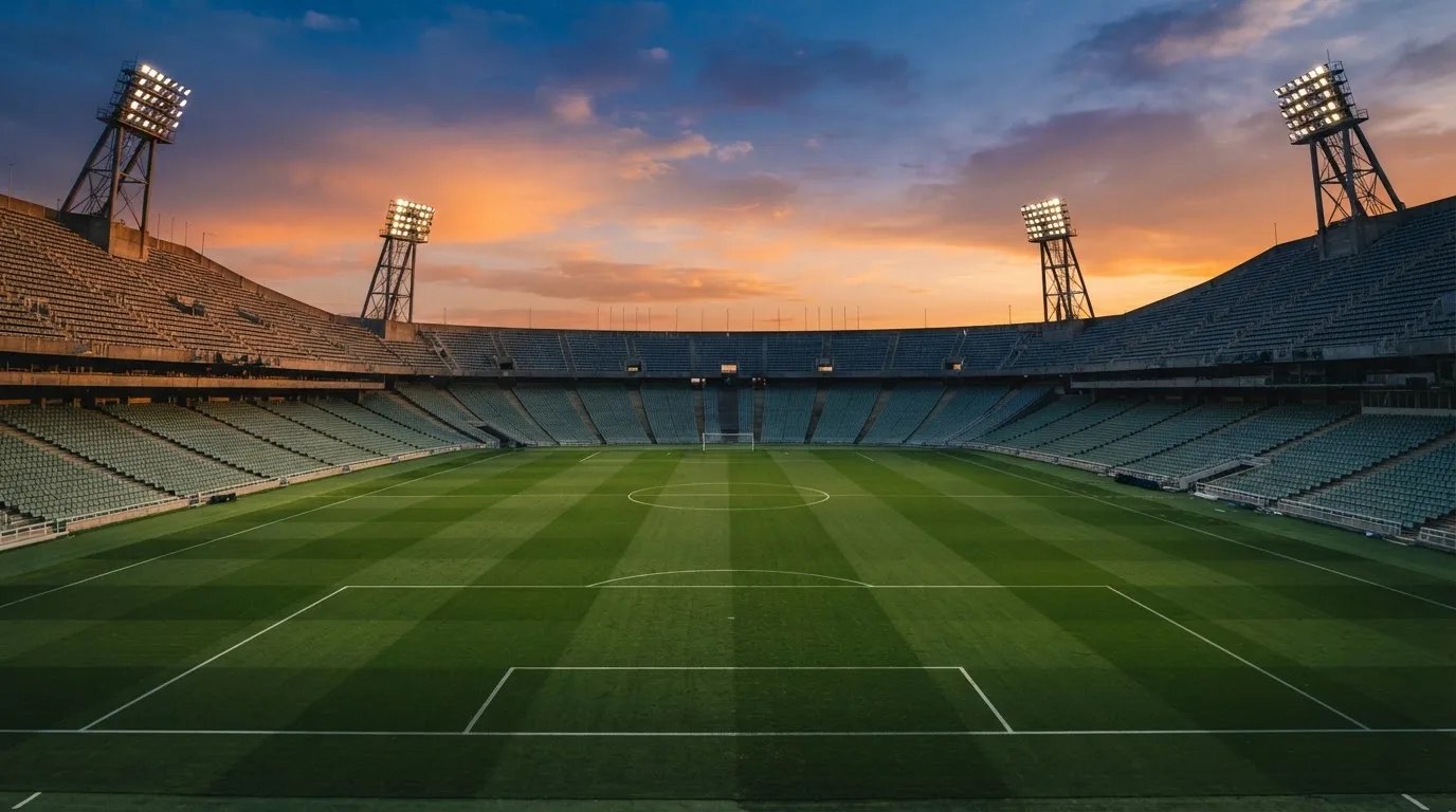 Un estadio de fútbol vacío con torres de iluminación al atardecer