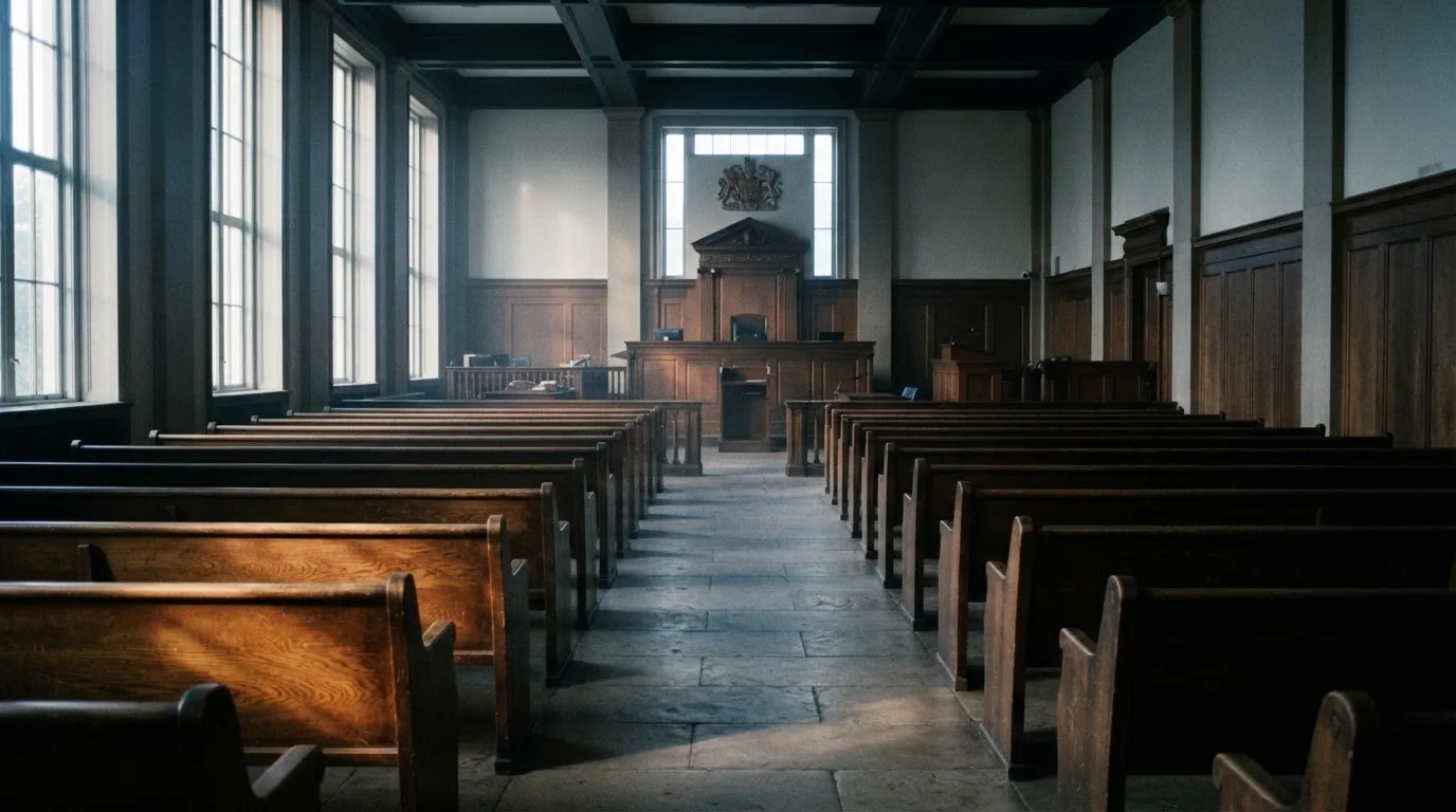 Una sala de tribunal vacía con bancos de madera a la luz de la mañana
