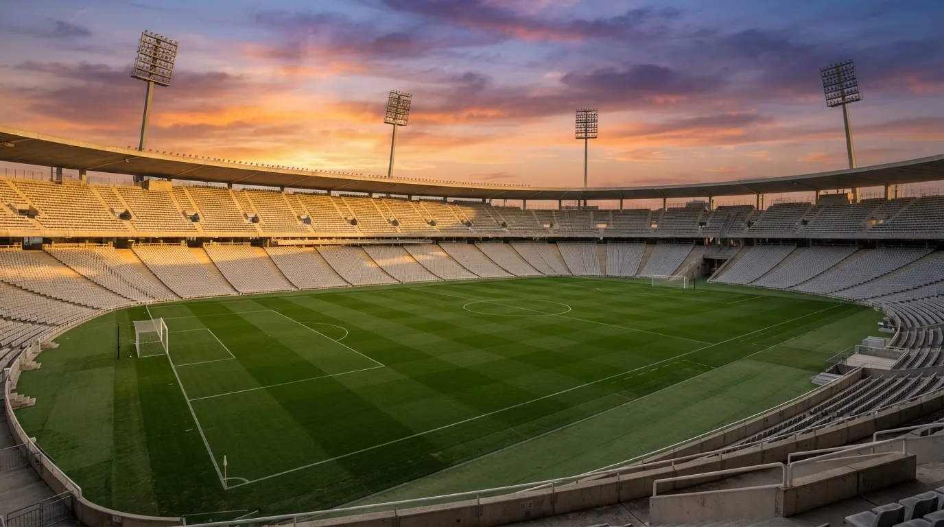 Un estadio de fútbol vacío con torres de iluminación al atardecer