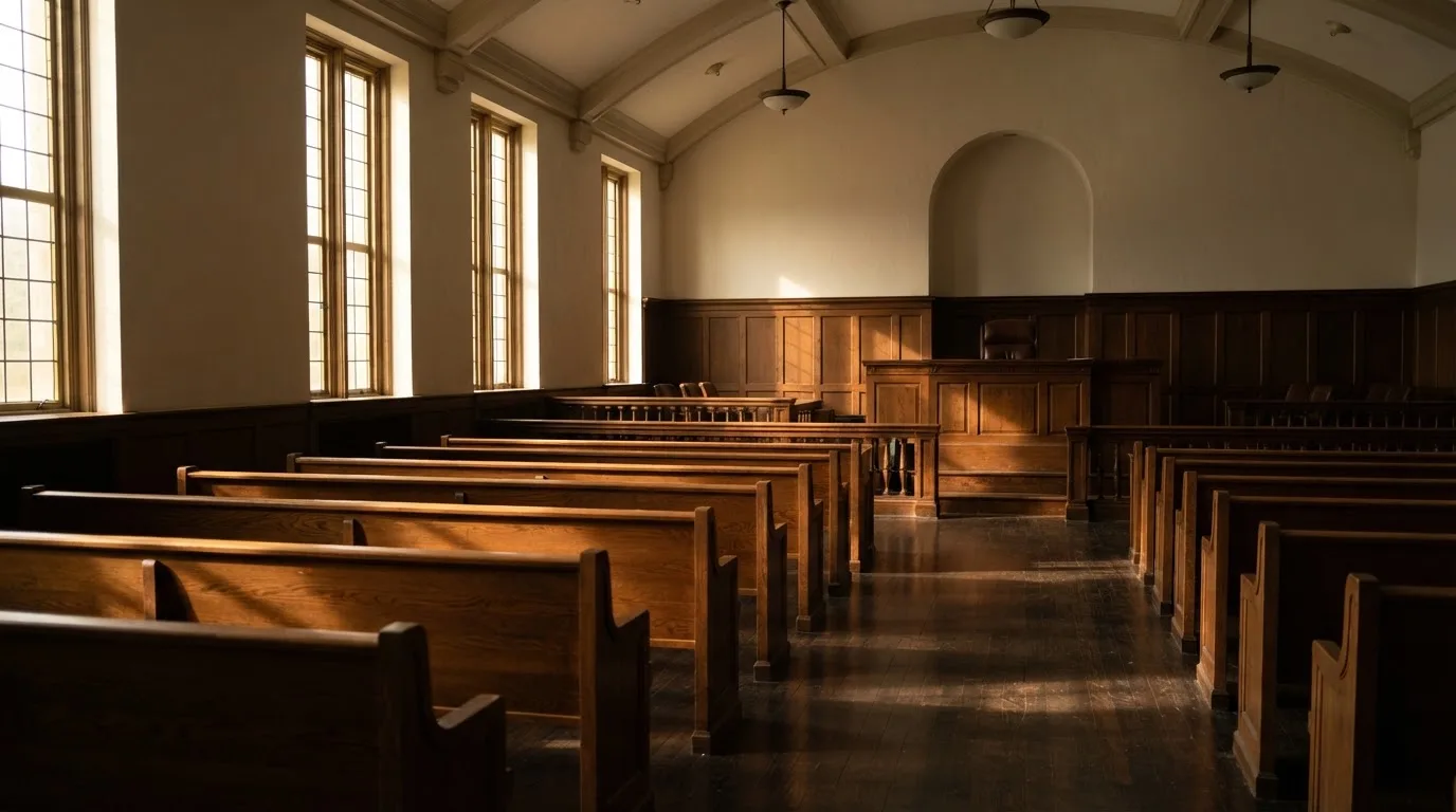 Una sala de tribunal vacía con bancos de madera a la luz de la mañana