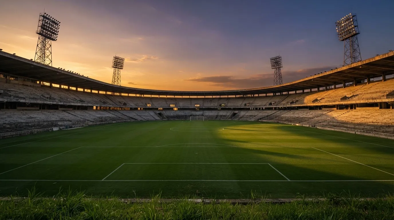 Un estadio de fútbol vacío con torres de iluminación al atardecer