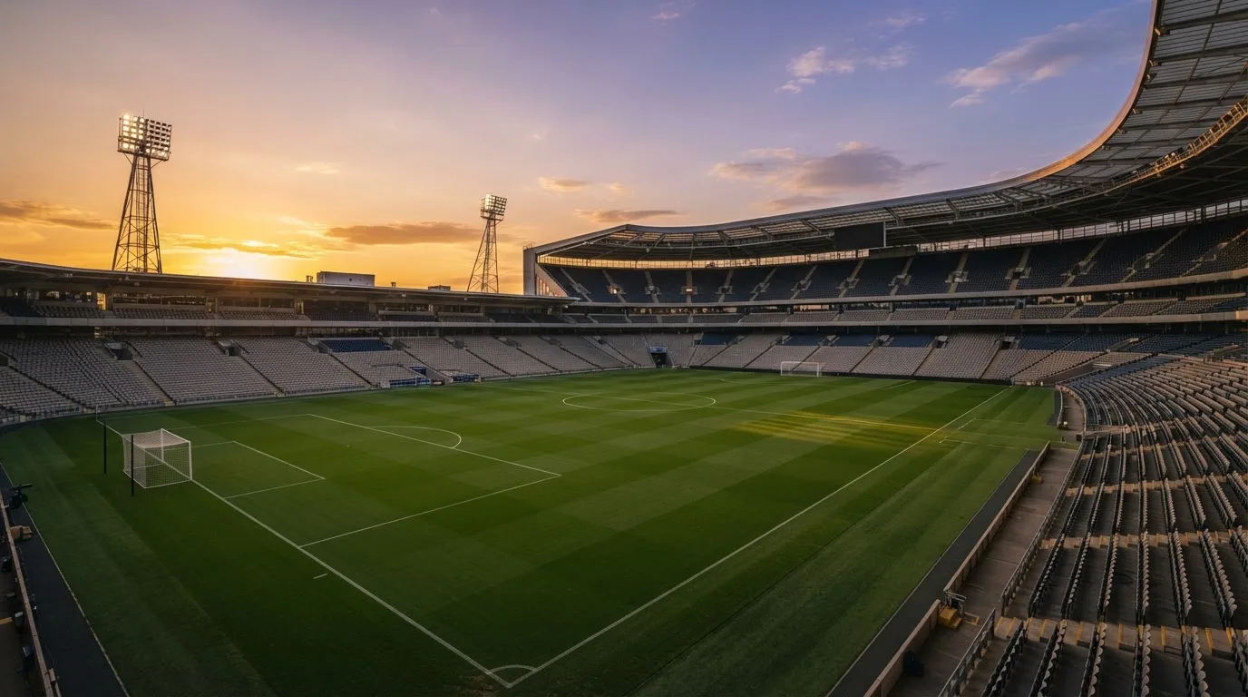 Un estadio de fútbol vacío con torres de iluminación al atardecer