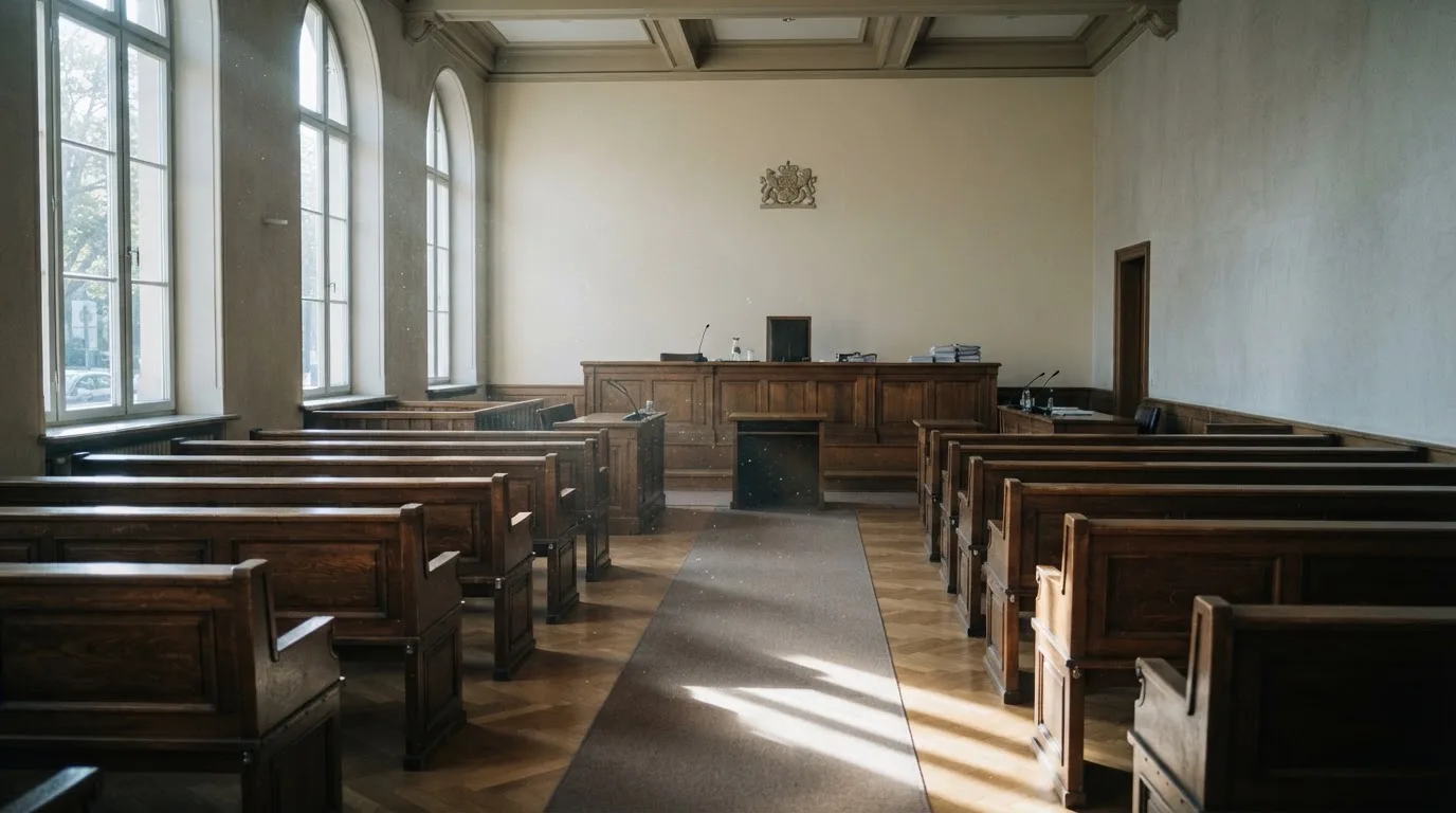 Una sala de tribunal vacía con bancos de madera a la luz de la mañana