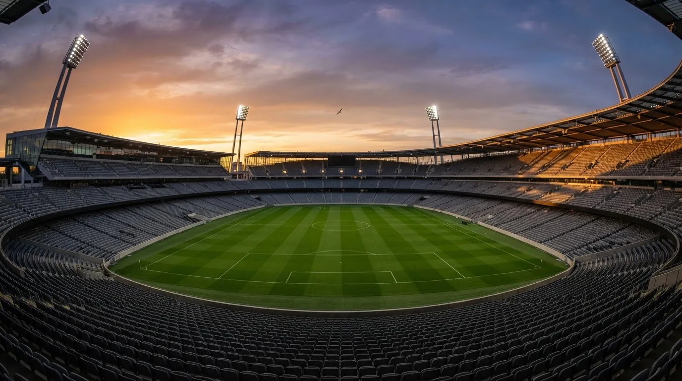Un estadio de fútbol vacío con torres de iluminación al atardecer