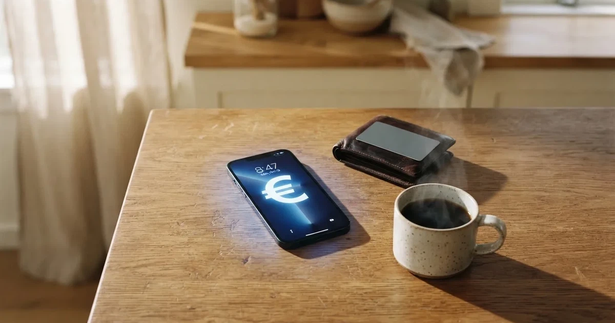 Un móvil sobre una mesa de madera junto a una cartera y una taza de café