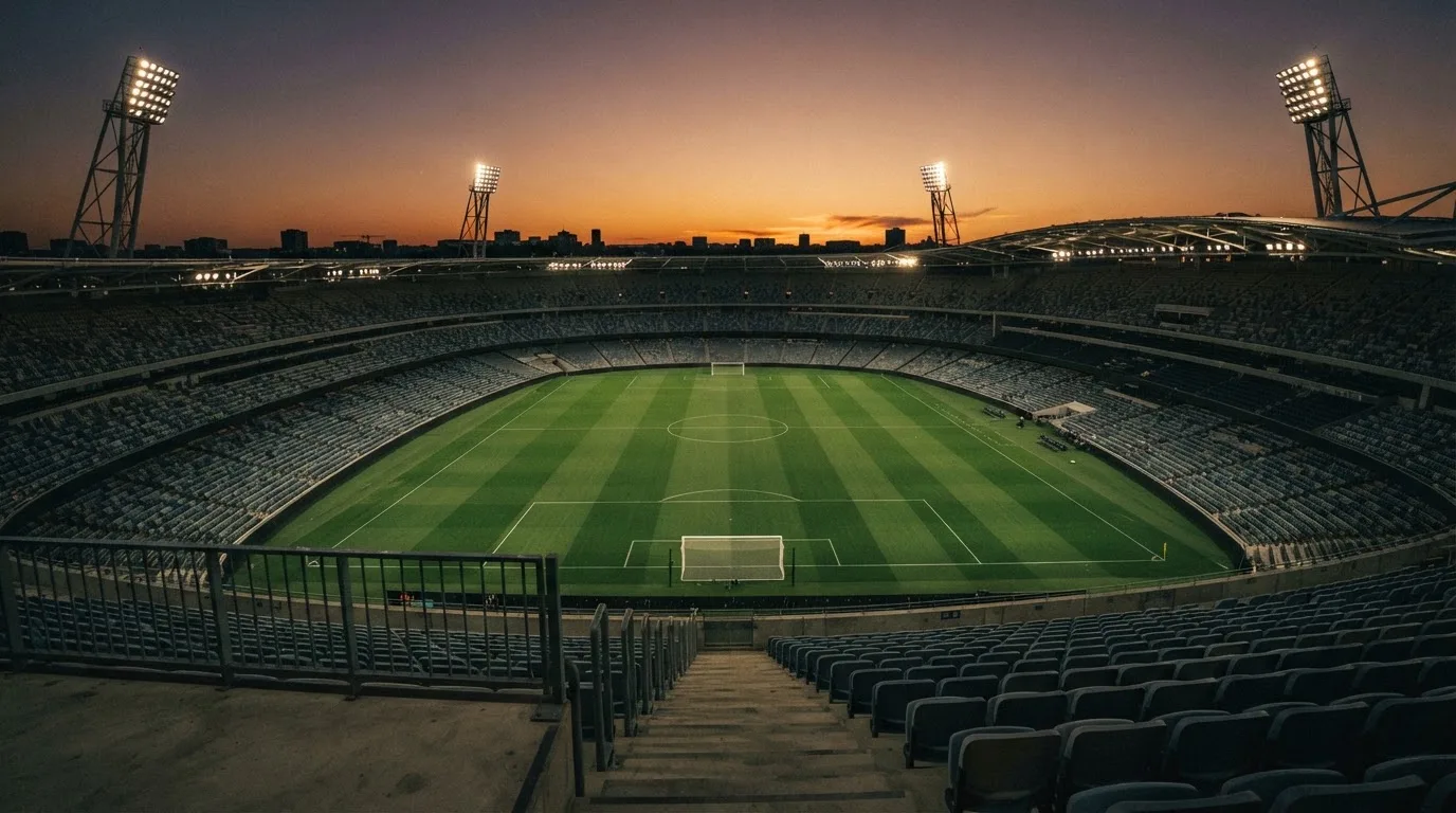 Un estadio de fútbol vacío con torres de iluminación al atardecer