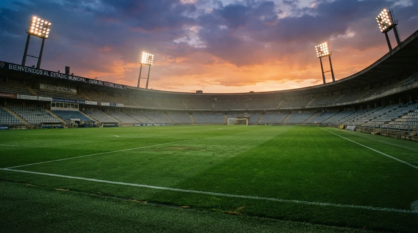 Un estadio de fútbol vacío con torres de iluminación al atardecer