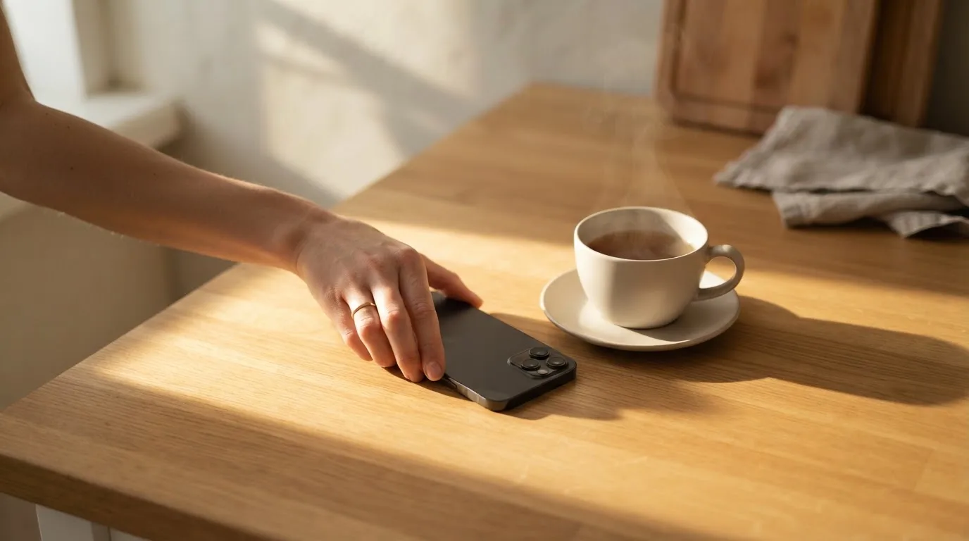 Una mano deja un móvil junto a una taza de té sobre la mesa de la cocina, una tarde tranquila