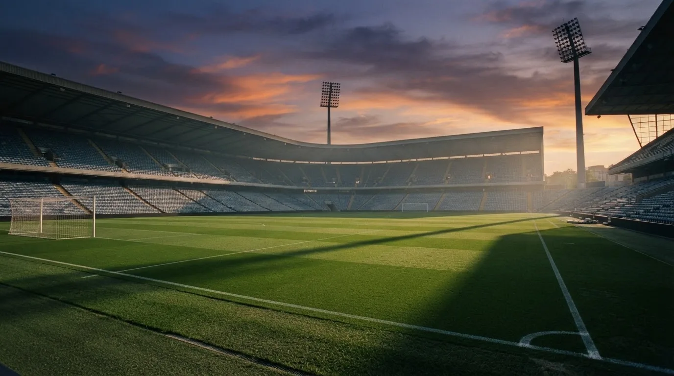 Un estadio de fútbol vacío con torres de iluminación al atardecer